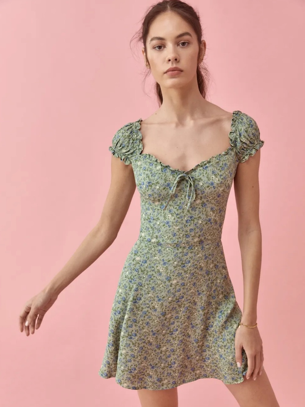 Reformation Pacey Green Floral Mini Dress